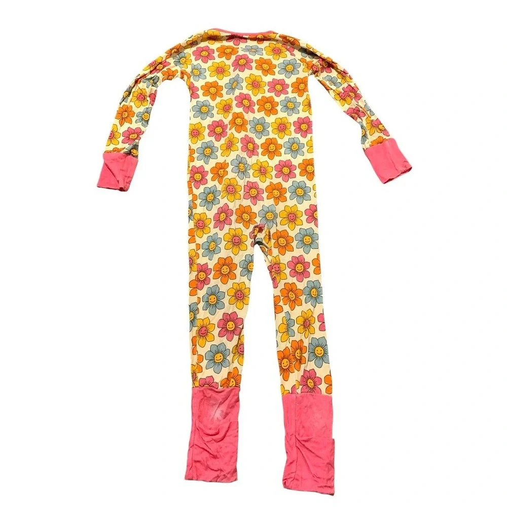 Little One Shop Bamboo Zippie 3T Pink Floral Smiley Face Retro Groovy Bright